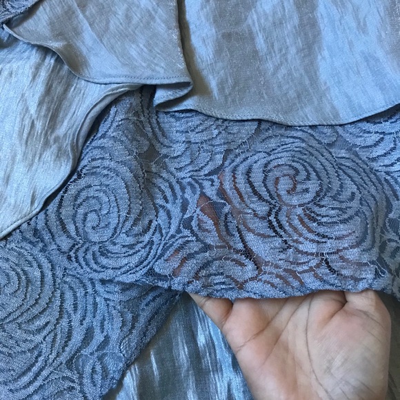 London Times Metallic Blue Lace Trim Ruffle Dress - Picture 6 of 15